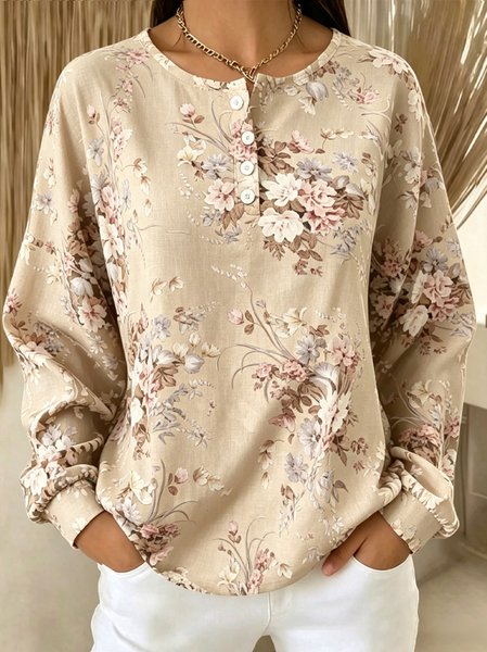 Women Floral Henley Collar Casual Spring/Fall Long Sleeve Sweatshirt