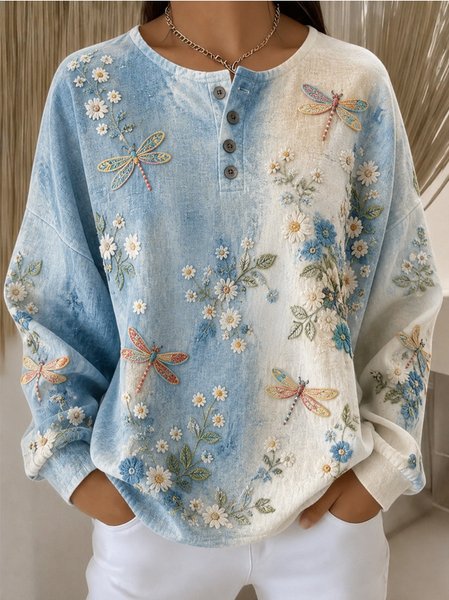 Women Floral Henley Collar Casual Spring/Fall Long Sleeve Sweatshirt
