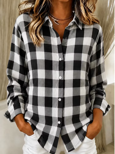 Women Plaid Shirt Collar Long Sleeve Shirt Buckle Regular Sleeve Casual Daily Spring/Fall Top