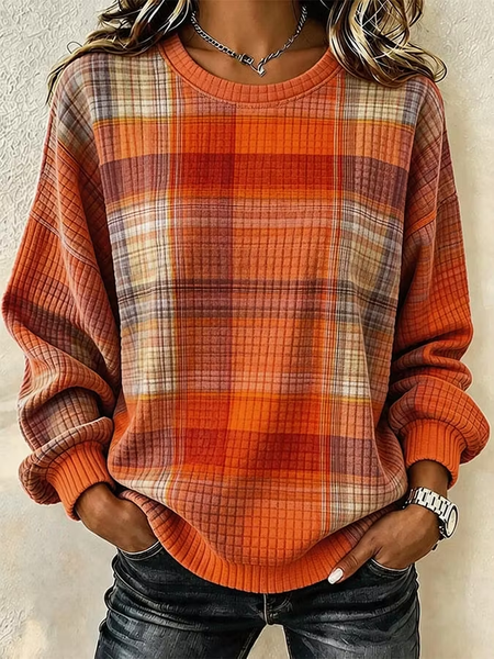 Women Plaid Crew Neck Printing Casual Spring/Fall Long Sleeve Sweatshirt