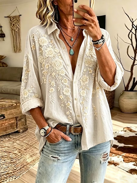 Women Floral Shirt Collar Long Sleeve Shirt Vintage Daily Spring/Fall Top