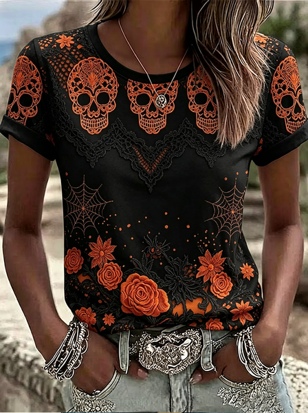 Casual Floral Crew Neck Short Sleeve T-shirt
