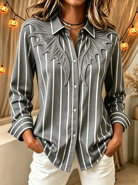 Women Striped Shawl Collar Long Sleeve Shirt Vintage Daily Spring/Fall Top