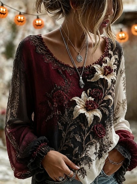 Women Floral Crew Neck Long Sleeve Blouse Printing Vintage Daily Spring/Fall Top
