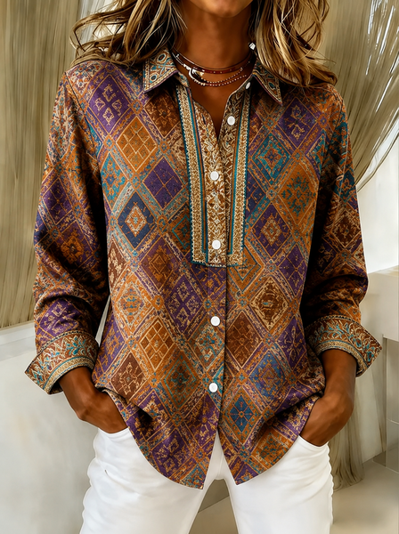 Women Geometric Shirt Collar Long Sleeve Shirt Vintage Daily Spring/Fall Top