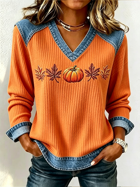 Women Maple Leaf V Neck Printing Vintage Spring/Fall Long Sleeve Sweatshirt