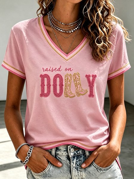Women Text Letters Short Sleeve Tee T-shirt V Neck Casual Summer Top