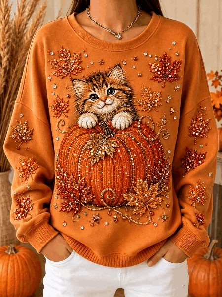 Casual Cat Crew Neck Long Sleeve Sweatshirt