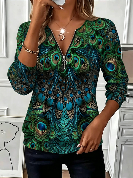 Women Peacock Crew Neck Printing Casual Spring/Fall Long Sleeve Sweatshirt