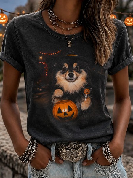 Women Dog Short Sleeve Tee T-shirt Crew Neck Casual Summer Top