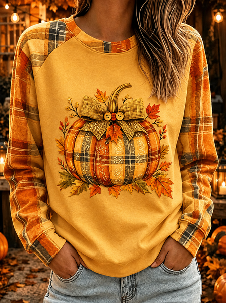 Women Plaid Long Sleeve Tee T-shirt Crew Neck Printing Casual Spring/Fall Top