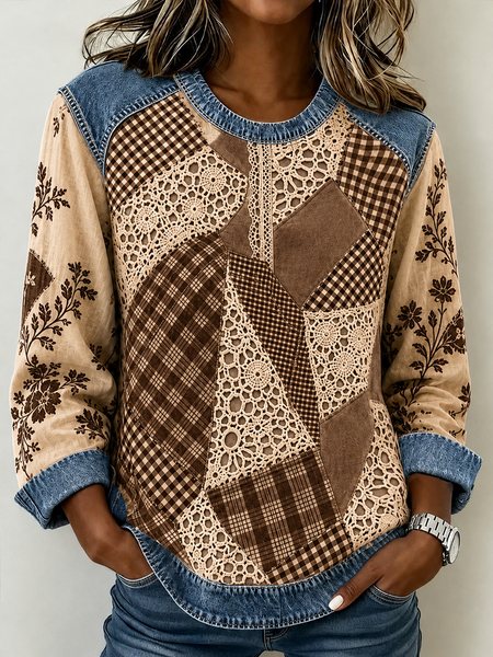Women Plaid Crew Neck Printing Casual Spring/Fall Long Sleeve Sweatshirt