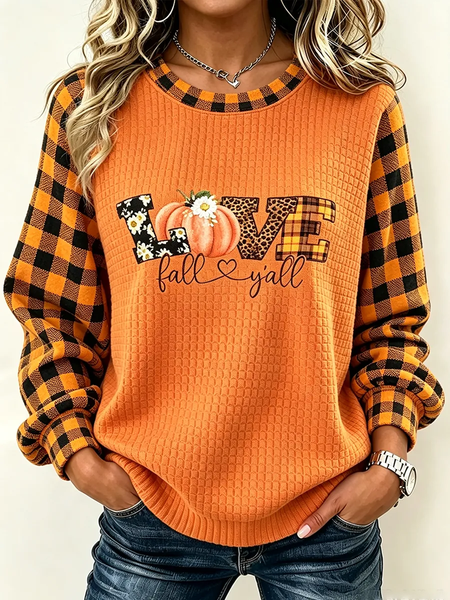 Women Plaid Crew Neck Printing Casual Spring/Fall Long Sleeve Sweatshirt
