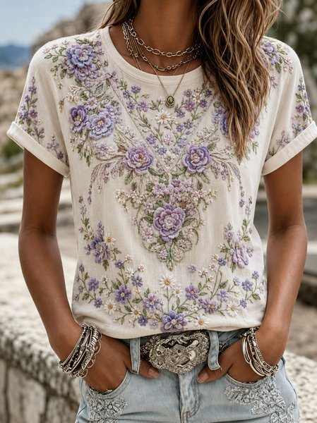 Women Floral Short Sleeve Tee T-shirt Crew Neck Casual Summer Top
