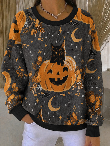 Women Cat Crew Neck Printing Casual Spring/Fall Long Sleeve Sweatshirt