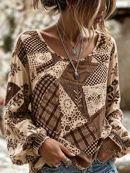 Women Floral Crew Neck Long Sleeve Blouse Printing Vintage Daily Spring/Fall Top