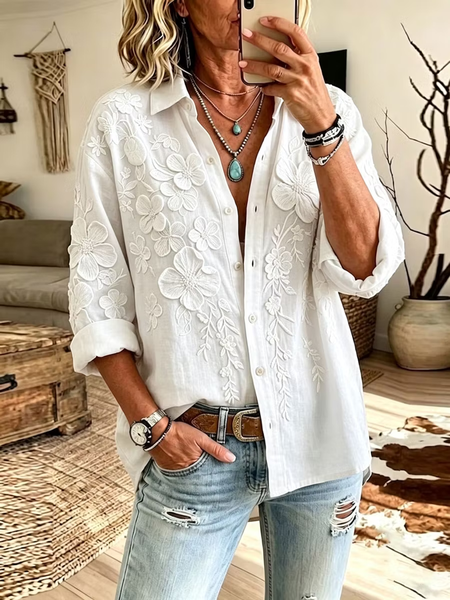 Women Floral Shirt Collar Long Sleeve Shirt Vintage Daily Spring/Fall Top