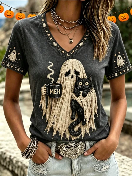 Women Cat Short Sleeve Tee T-shirt Crew Neck Casual Summer Top