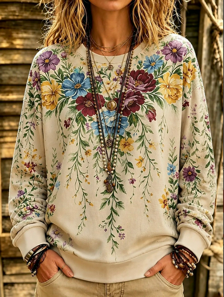 Women Floral Crew Neck Printing Casual Spring/Fall Long Sleeve Sweatshirt