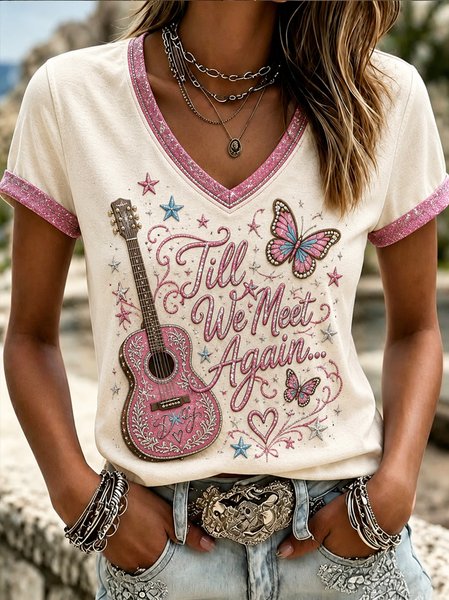 Women Text Letters Short Sleeve Tee T-shirt V Neck Vintage Summer Top