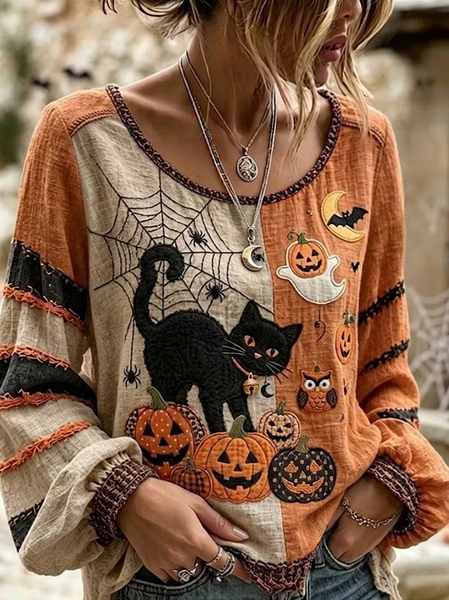 Women Cat Crew Neck Long Sleeve Blouse Printing Vintage Daily Spring/Fall Top