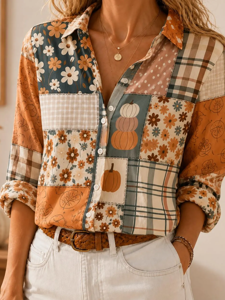 Women Geometric Shirt Collar Long Sleeve Shirt Printing Vintage Daily Spring/Fall Top