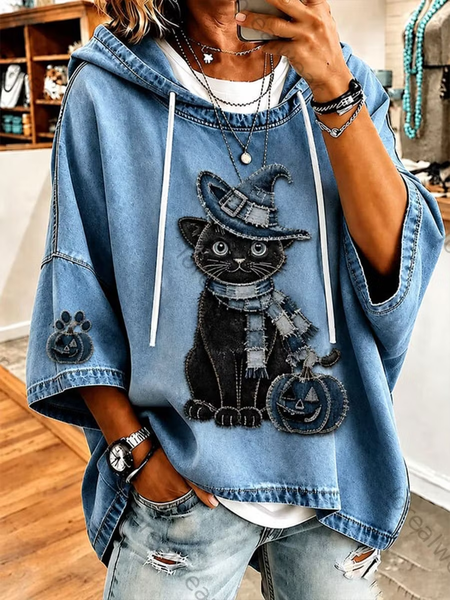 Casual Cat Hoodie Half Sleeve Hoodie