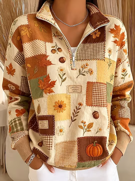 Women Floral Stand Collar Printing Casual Spring/Fall Long Sleeve Sweatshirt