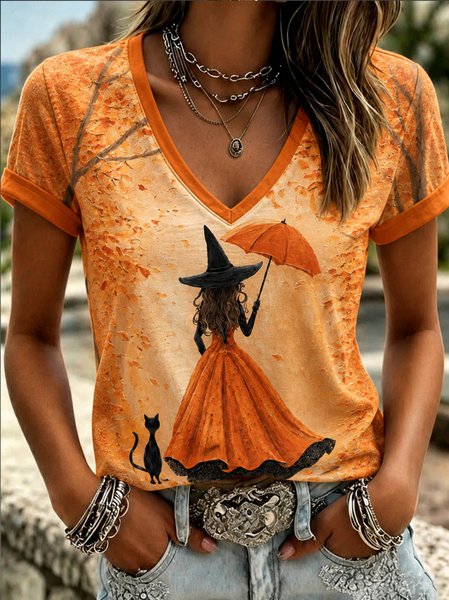 Women Halloween Short Sleeve Tee T-shirt V Neck Casual Summer Top