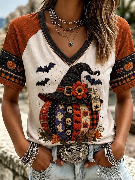 Women Pumpkin Pattern Short Sleeve Tee T-shirt Crew Neck Casual Summer Top