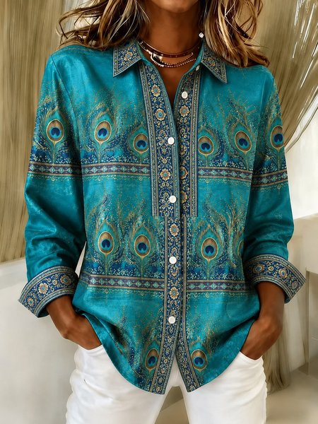 Women Floral Shirt Collar Long Sleeve Shirt Printing Vintage Daily Spring/Fall Top