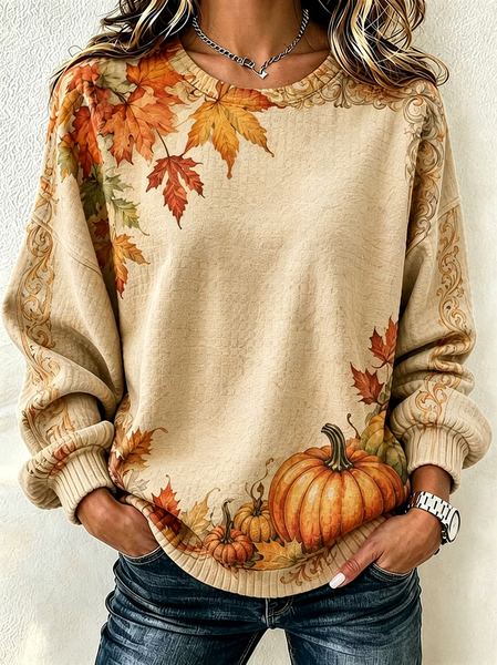 Women Maple Leaf Crew Neck Printing Casual Spring/Fall Long Sleeve Sweatshirt