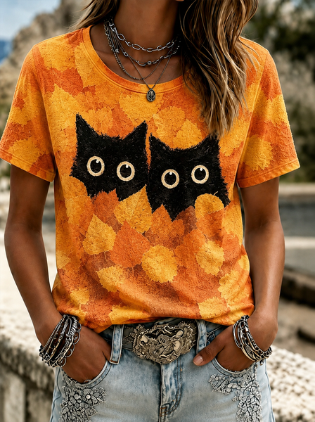 Women Cat Short Sleeve Tee T-shirt Crew Neck Printing Casual Summer Top