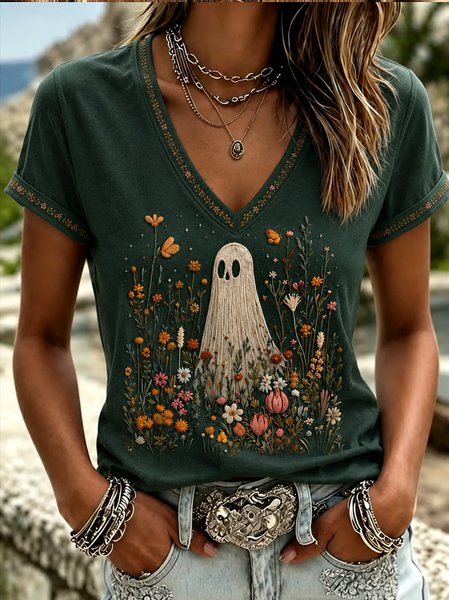 Women Floral Short Sleeve Tee T-shirt V Neck Casual Summer Top