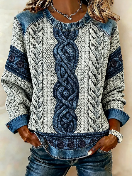 Women Abstract Crew Neck Printing Vintage Spring/Fall Long Sleeve Sweatshirt