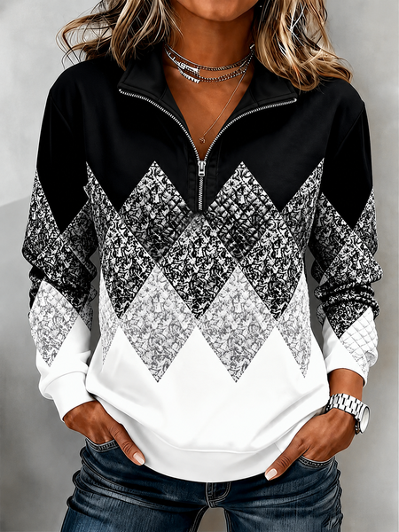 Women Abstract Stand Collar Printing Casual Spring/Fall Long Sleeve Sweatshirt