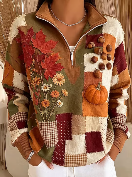 Women Floral Stand Collar Printing Casual Spring/Fall Long Sleeve Sweatshirt