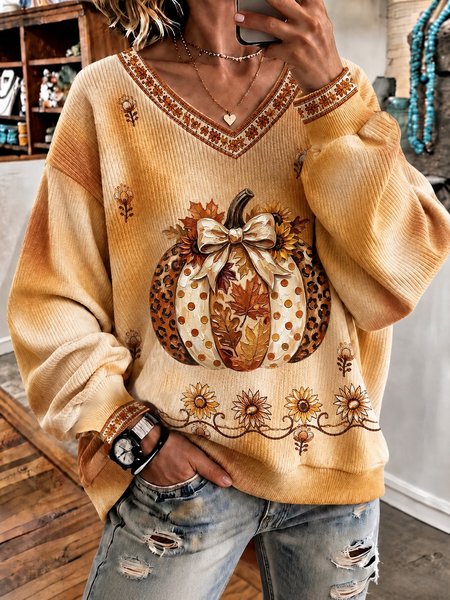 Casual Floral V Neck Long Sleeve Sweatshirt