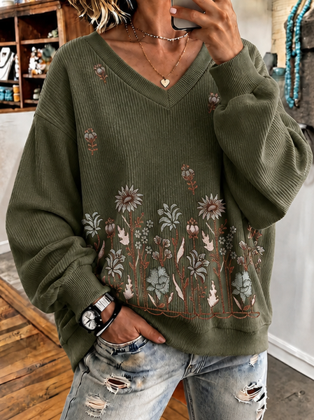 Women Floral V Neck Casual Spring/Fall Long Sleeve Sweatshirt