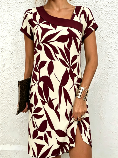 Women Floral Short Sleeve Asymmetrical Dress Daily Casual Midi H-Line Summer Dress