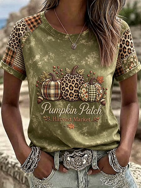Women Leopard Short Sleeve Tee T-shirt Crew Neck Printing Vintage Summer Top