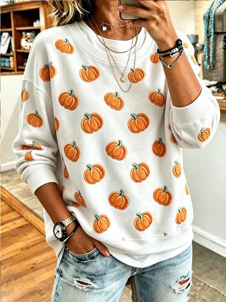 Women Pumpkin Pattern Crew Neck Casual Spring/Fall Long Sleeve Sweatshirt