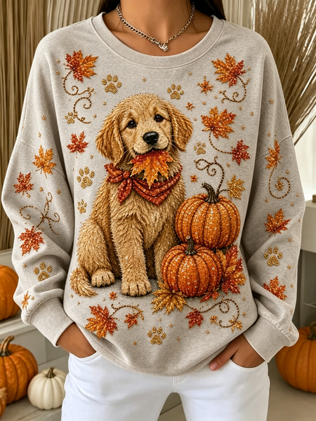 Women Dog Crew Neck Casual Spring/Fall Long Sleeve Sweatshirt