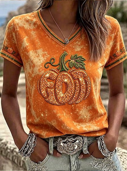 Women Pumpkin Pattern Short Sleeve Tee T-shirt V Neck Printing Vintage Summer Top