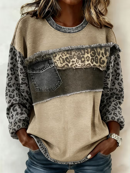 Women Leopard Crew Neck Printing Casual Spring/Fall Long Sleeve Sweatshirt
