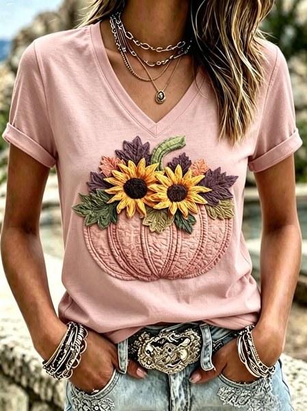 Women Pumpkin Pattern Short Sleeve Tee T-shirt V Neck Vintage Summer Top