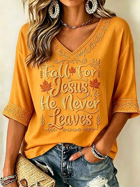 Women Text Letters Half Sleeve Tee T-shirt V Neck Casual Summer Top