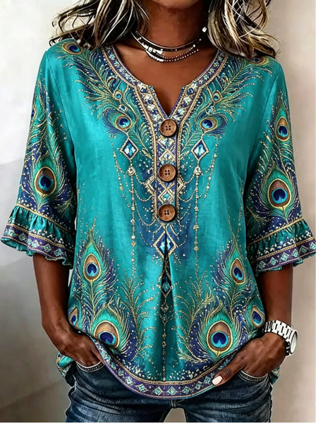 Women Floral V Neck Half Sleeve Blouse Casual Daily Summer Top