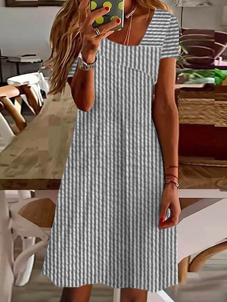 Women Striped Short Sleeve Asymmetrical Collar Dress Daily Casual Midi H-Line Summer Dress