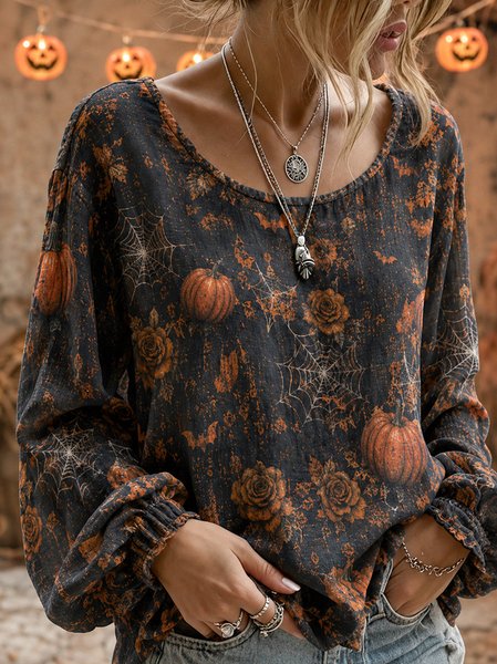 Women Halloween Vintage Blouse Crew Neck Long Sleeve Printing Top